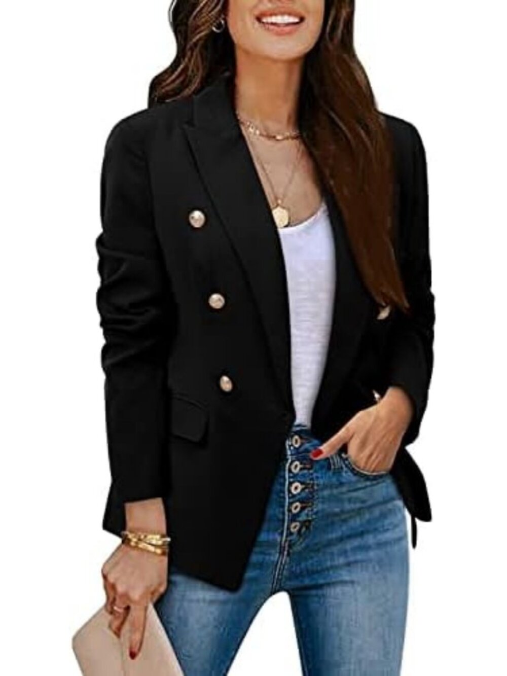 Chic Double Breasted Blazer with Gold Buttons | Women's Business Casual Jacket - Picture 3 of 5